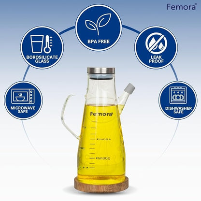 Femora Borosilicate Glass Oil Bottle With Handle | Clear | Pack of 1 | Transprent | 650 Ml