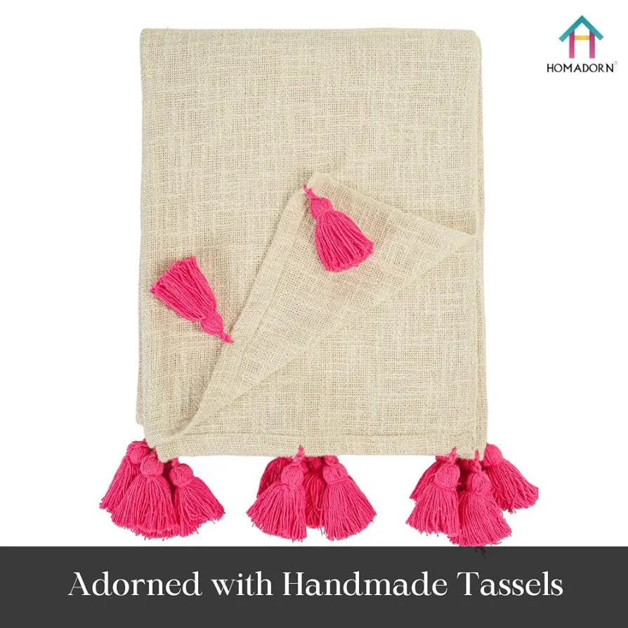 Homadorn 100% Cotton Off White Throw Blanket with Handmade Colorful Tassel Colour Pink