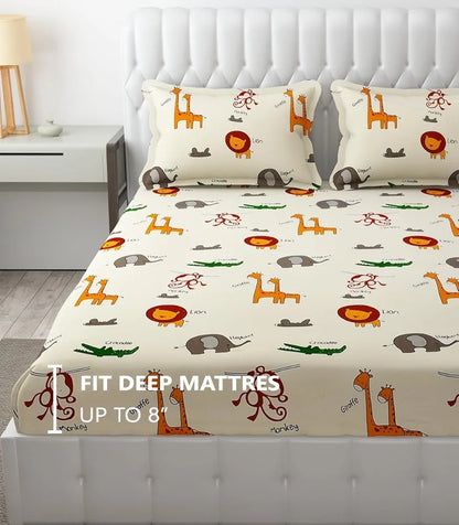 Fresh From Loom Glace Cotton Wrinkle Free Elastic Fitted Bed Sheet with 2 Pillow Cream Animal Double Bed 300 TC