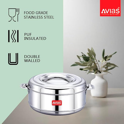 Avias Astra Double Wall Insulated Stainless Steel Casserole 1500 ml Silver Hot Pot for Rice Gravy Curry