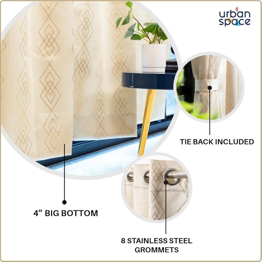 Urban Space Blackout Curtains for Living Room, Gold Foil Printed Luxurious Blackout Decorative Curtains Eyelet with Tieback, 1 Piece Diamond Beige