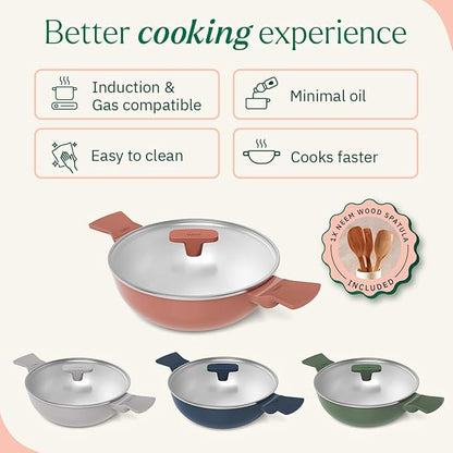 Ember Cookware Arcilla Ceramic Non Stick Kadai 24cm | Glass Lid | Matching Handles | Florence Series | Terracotta