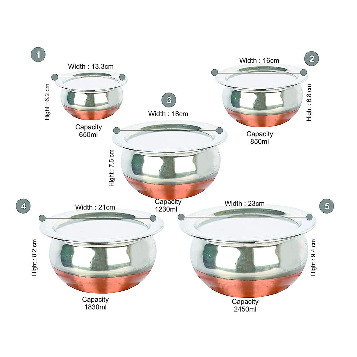 KC Stainless Steel Copper Bottom Kitchen Serving, Cooking Bowl - Set 5-Pieces with Cover