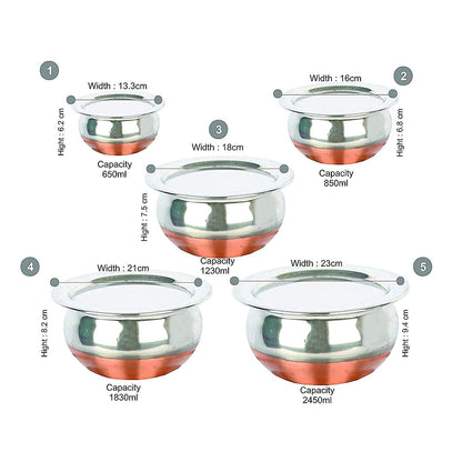 KC Stainless Steel Copper Bottom Kitchen Serving, Cooking Bowl - Set 5-Pieces with Cover