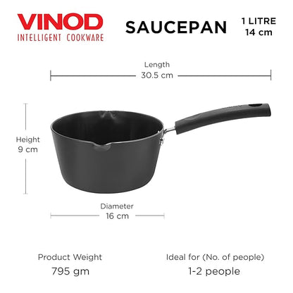 Vinod Black Pearl Hard Anodised American Non Stick Saucepan - 1 litre, 14cm | 3.25mm Thickness | Metal Spoon Friendly | Easy to Pour