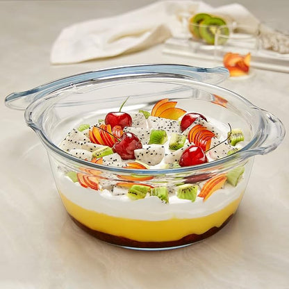 Borosil Glass Casserole Deep Round Oven and Microwave Safe Serving Bowl With Glass Lid | 2.5 Litres | 1 Piece Deep Round Casserole | Transparent