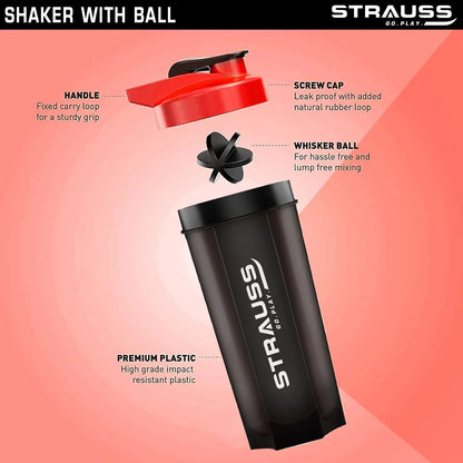 Strauss Recharge Shaker Bottle BPA-Free | Protein Shaker with Blender Ball | Black/Red