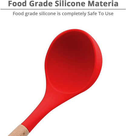 Woodtula Silicone Soup Ladle Spatula with Wooden Handle Non-Stick Kitchen Utensil Tools Red