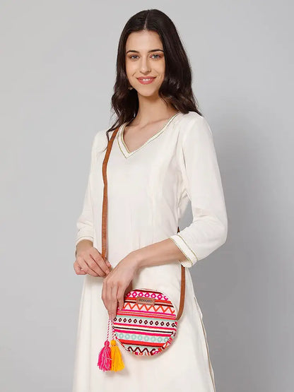 Astrid Round Textured Sling Bag For Girls With Zip Colour Maroon