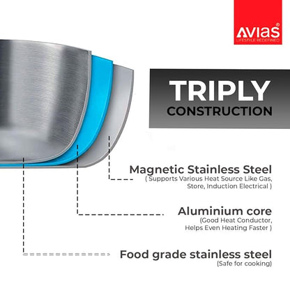 Avias Riara Triply Kadai 20 cm Stainless Steel Kadhai with Lid 3 Layer Steel Casted Handles