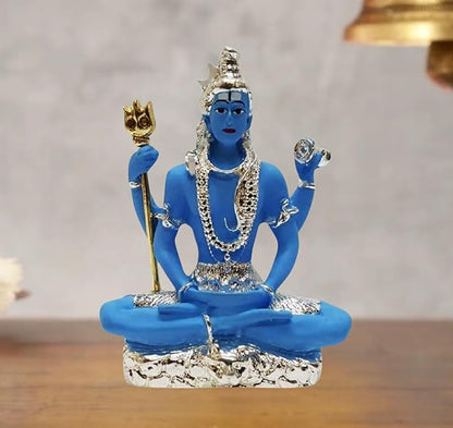 Gold Art India Resin Silver Plated Blue Shiva Idol for Car Dashboard Mahadev Murti Silver Blue Shiva