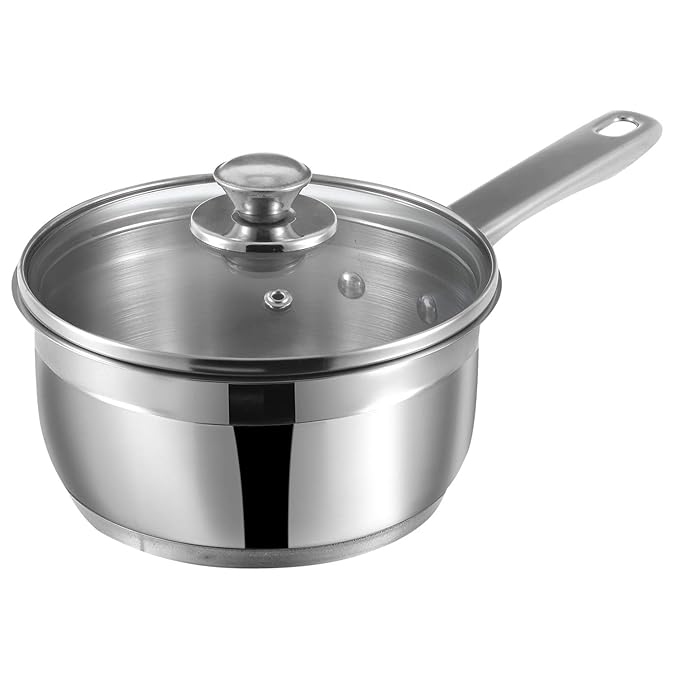 Vinod Two Tone Stainless Steel Saucepan with Glass Lid - 1.1 Litre, 14 cm | 6.2mm Thick | Triply Saucepot, Sturdy Riveted Handle