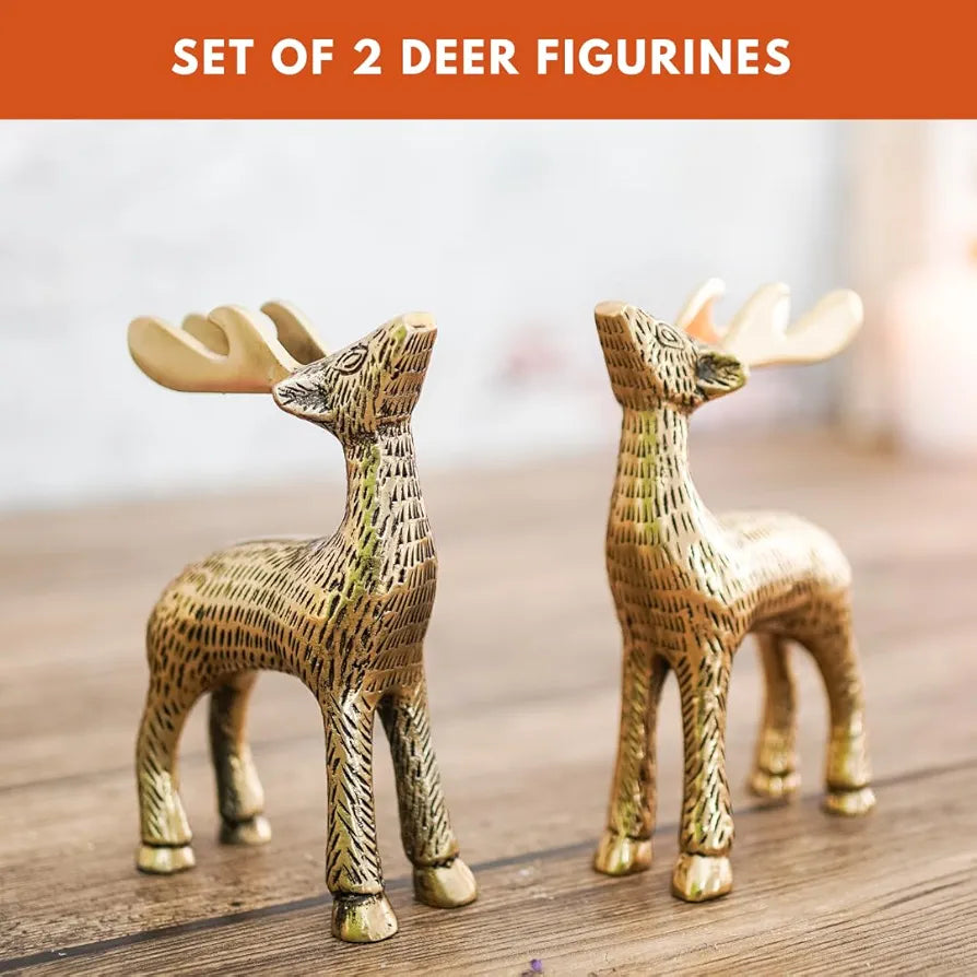 BEHOMA Antique Golden Aluminium Christmas Reindeer Figurine Statue 2 Pcs | Reindeer Showpiece for Tabletop, Bookshelf, Desktop, Cabinets, Valentine's Day 