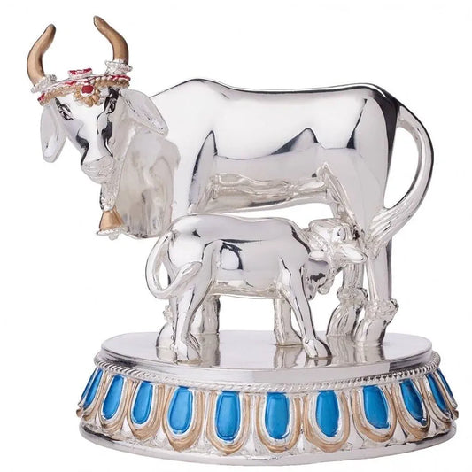 Gold Art India Kamdhenu Cow with Calf 999 Silver Plated Plain Large Size