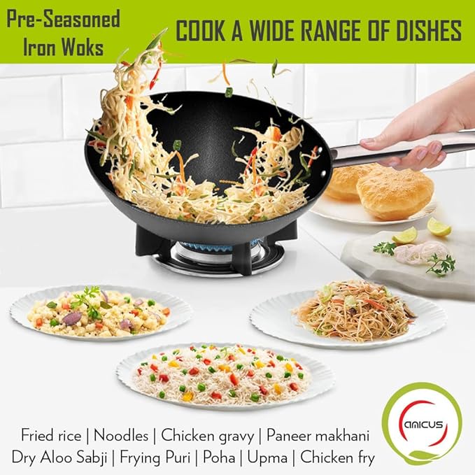 Amicus Kitchen Iron Wok for Cooking & Deep Frying Pre Seasoned Iron Kadai Wok Fry Pan 25 cm 2 L Black