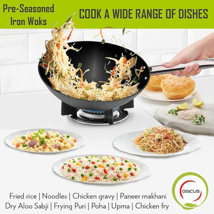 Amicus Kitchen Iron Wok for Cooking & Deep Frying Pre Seasoned Iron Kadai Wok Fry Pan 25 cm 2 L Black