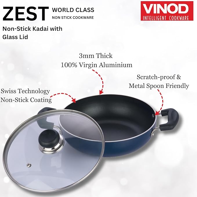 Vinod Zest Aluminium Non Stick Kadhai with Glass Lid - 2.8 Litre, 24cm | 3 Layer Ceramic Coating | 3 mm Thick