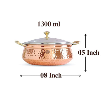 Indian Art Villa Steel Copper Hammered Design Handi casserole With Glass Lid