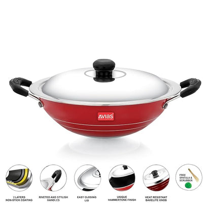Avias Indiana Appa Chetty 22cm Nonstick Aluminium Kadhai With Stainless Steel Lid