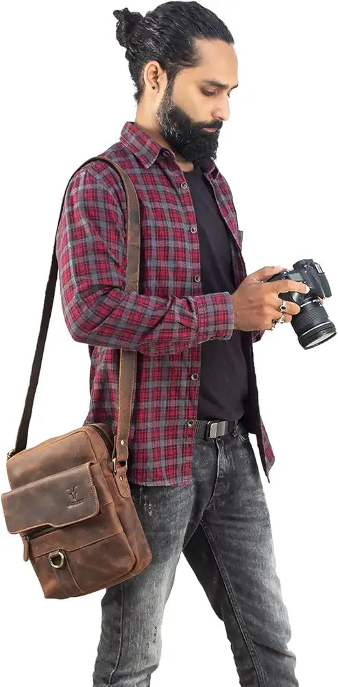 Goatter Men's Hunter Leather 11" Inch Multi-Pocket Messenger Bags 