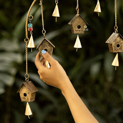 Metal Windchime Wall Hanging Feng Shui Wall Decor Golden BirdHouse