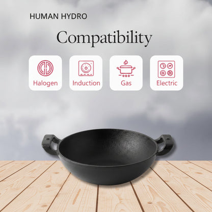 Human Hydro Premium Deliq Range Cast Iron Kadai 25cm 2.2L with Heat-Resistant Silicone Grip Handles Induction Gas