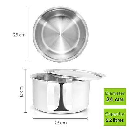 Allo Stainless Steel Triply Tope with Lid Patila Bhagona 22cm 4.2 litres Silver