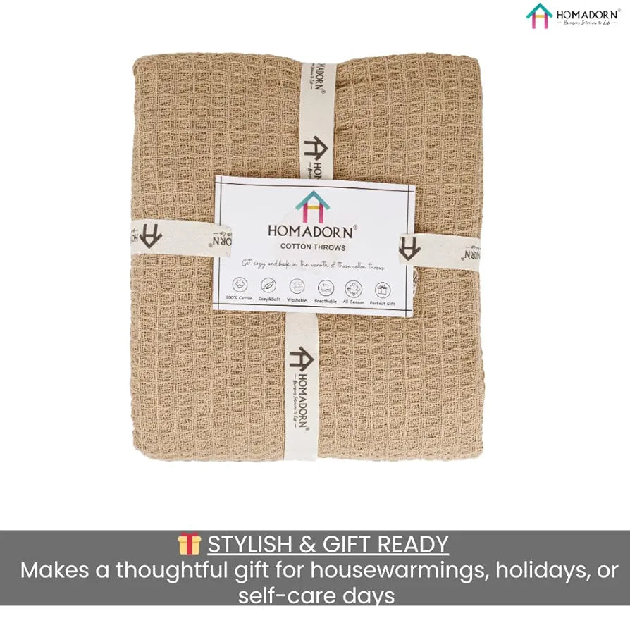 Homadorn Waffle Weave Cotton Throw Blanket  Colour Beige