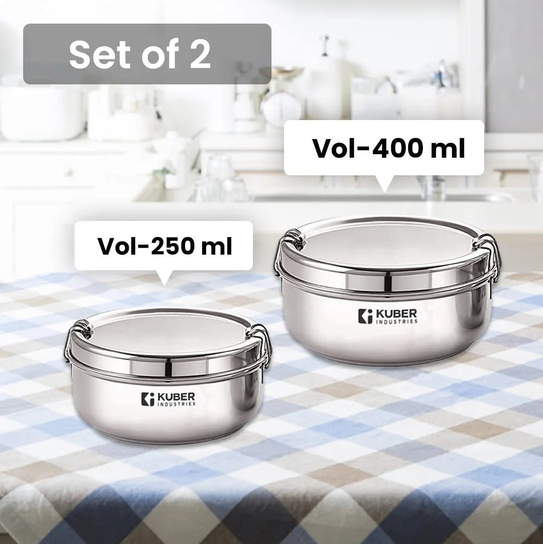 Kuber Industries SS Food Pack Lunch Box | 250ml + 400ml | 2pc | Steel Separator | Locking Clip