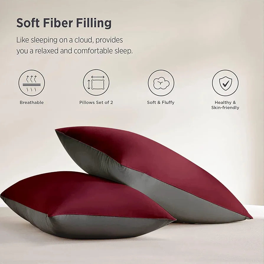 Cloth Fusion Premium Microfiber Soft Pillow Set of 2 for Sleeping Standard Size Maroon & Grey