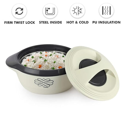 Cello Ripple Double Walled Insulation Casserole | Firm Twist Lock and Handles | 1500 Ml | White