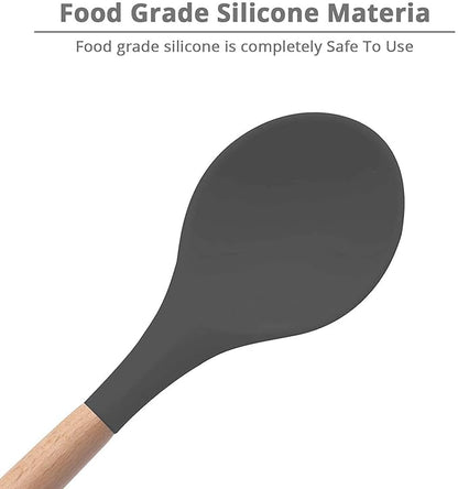 Woodtula Silicone Cooking Utensils Kitchen Utensil Set Heat Resistant Wooden Handles Grey