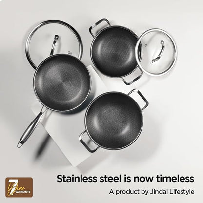 Arttdinox Stellar Triply Stainless Steel Kadhai With Lid | Non Stick Kadai | 24cm | 2.7ltrs | Silver