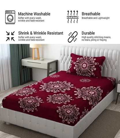 Fresh From Loom Floral Single Bedsheet Size Microfiber Bedsheet Set-Printed Hypoallergenic Wrinkle Free with 2 Pillow Covers 144 TC Wine