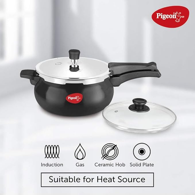 Pigeon by Stovekraft Titanium Hard Anodised Aluminium Outer Lid Handi Pressure Cooker, 2 Litres, Black