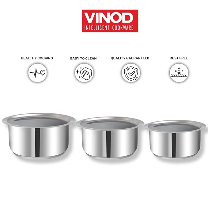 Vinod Stainless Steel 3 pc Tope Set with Capacity of 1 litres, 1.4 litres & 1.8 litres with Stainless Steel Lids