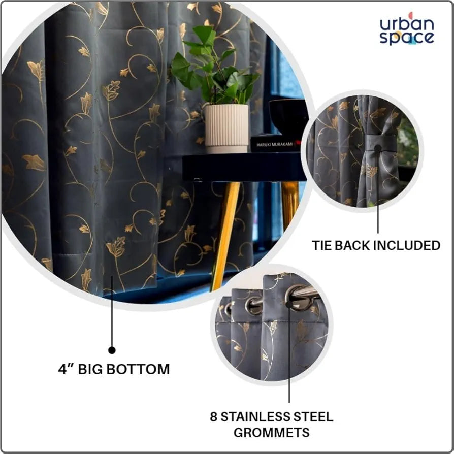 Urban Space Pure Blackout Opaque Curtains for Living Room, Gold Foil Printed Luxurious Blackout Opaque Curtains 1 Piece Pack Floral Vine Grey