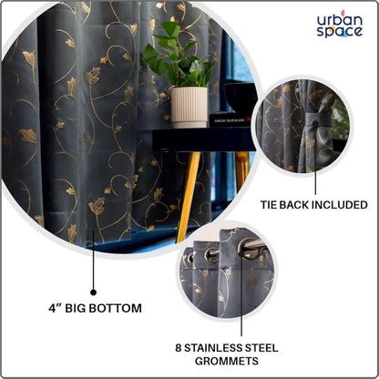 Urban Space Pure Blackout Opaque Curtains for Living Room, Gold Foil Printed Luxurious Blackout Opaque Curtains 1 Piece Pack Floral Vine Grey