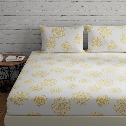 Huesland by Ahmedabad Cotton 144 TC Cotton Bedsheet for Double Bed King Size with 2 Pillow Covers | White (Yellow Print)