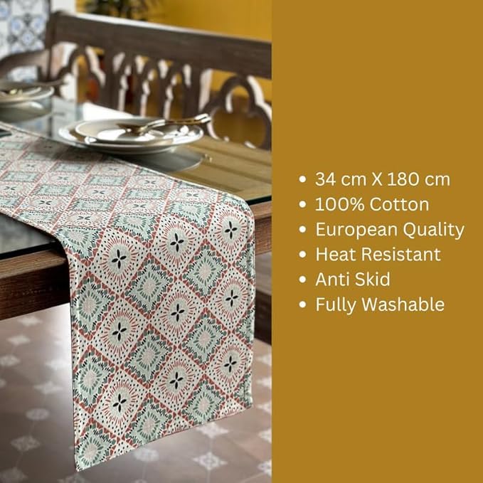 Oak & Lily Table Runner in Multicolour Ethnic Print Washable Anti-Skid 4 Seater & 6 Seater