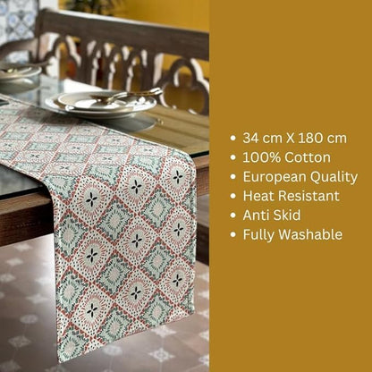 Oak & Lily Table Runner in Multicolour Ethnic Print Washable Anti-Skid 4 Seater & 6 Seater
