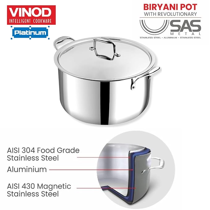 Vinod Platinum Triply Stainless Steel Biryani Pot with Lid - 11 Litre, 30 cm | Heavy Bottom | Riveted Handle| Cooking Pot