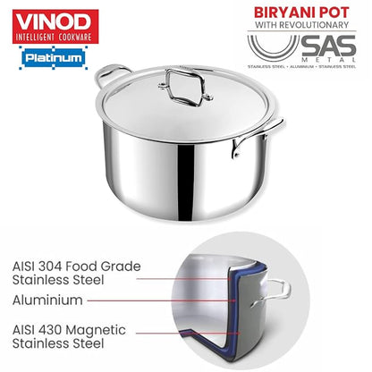 Vinod Platinum Triply Stainless Steel Biryani Pot with Lid - 11 Litre, 30 cm | Heavy Bottom | Riveted Handle| Cooking Pot