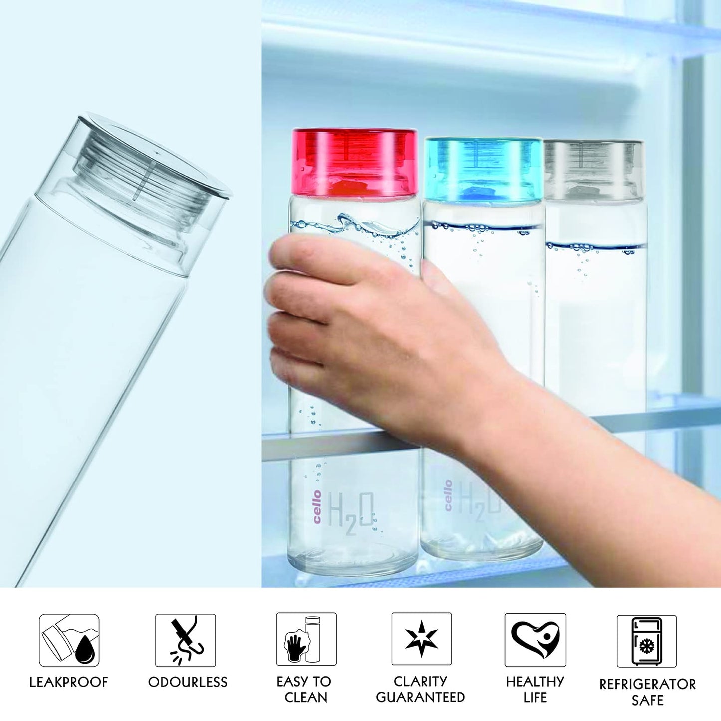 Cello H2O Glass Fridge Water Bottle with Plastic Cap | 920 ml | Set of 3 | Clear