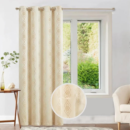 Urban Space Blackout Curtains for Living Room, Gold Foil Printed Luxurious Blackout Decorative Curtains 1 Piece Diamond Beige