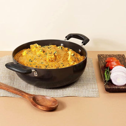 Vinod Black Pearl Plus Hard Anodised Deep Kadhai with Lid - 4.1 Litre, 26 cm | 3.25mm Thick | Natural Stick Free Kadai