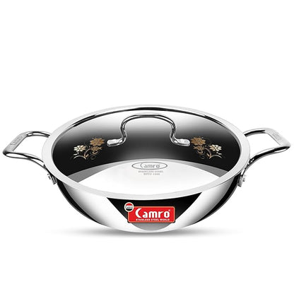 Camro Tripro Triply Signature Kadhai with lid 28 cm 4.4 Liters Capacity Stainless Steel Lid for Curry