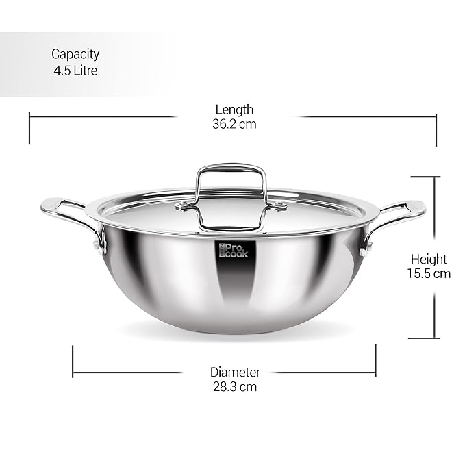 Milton Pro Cook Triply Deep Stainless Steel 26 Cm Kadai With Lid, 4.5 Litres - 2256 gms