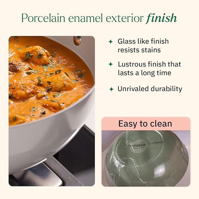 Ember Cookware Arcilla Ceramic Non Stick Kadai 24cm | Metallic Lid | Stainless Steel Handles | Capri Series | Terracotta