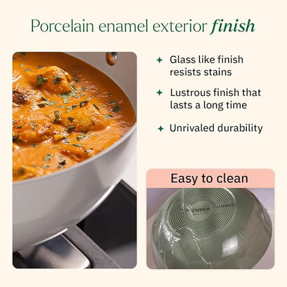 Ember Cookware Arcilla Ceramic Non Stick Kadai 24cm | Metallic Lid | Stainless Steel Handles | Capri Series | Terracotta